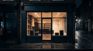 An enlightened empty store at night on an empty street.