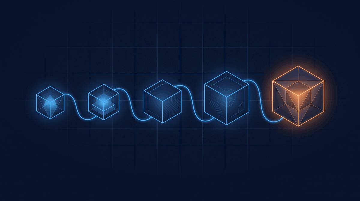 A series of geometrical shapes from the smallest to the largest, connected between with a small integral to symbolize nonstop evolution until perfection.