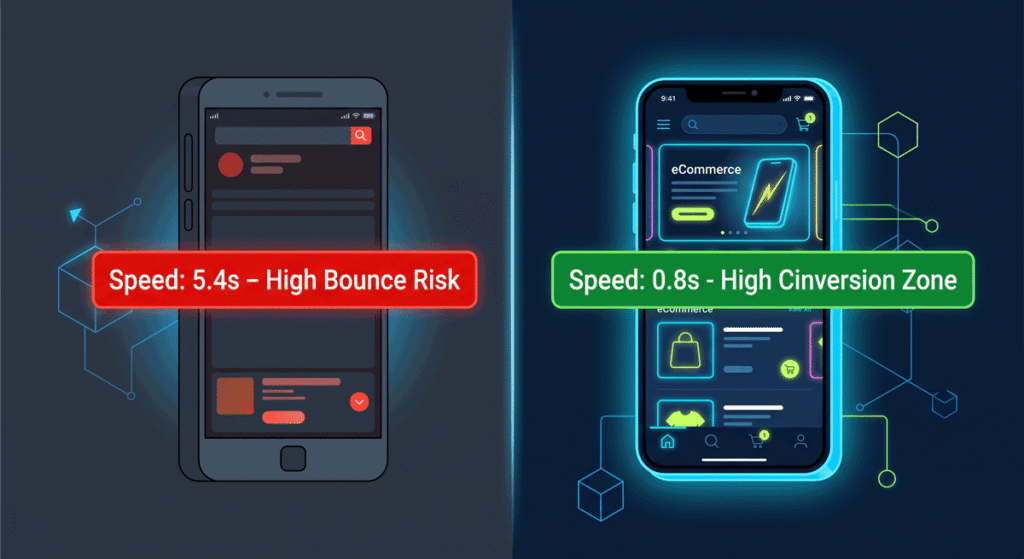 Split screen graphic. Left side: A dark, sluggish smartphone screen showing a loading spinner with red diagnostic overlays reading 'Speed: 5.4s - High Bounce Risk'. Right side: A sleek, ultra-fast UI rendering instantly on a smartphone screen with green diagnostics reading 'Speed: 0.8s - High Conversion Zone'. Professional vector style, dark background, blue and neon accents