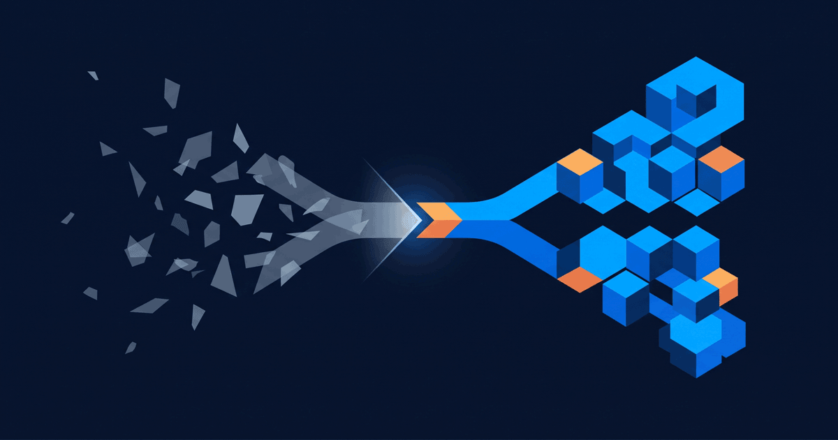 A featured image for my 7month decision playbook. Small triangle shaped parts in chaos, coming together and moving towards a cubical style symbolizing structure