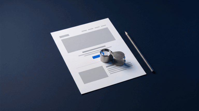 Blueprint-style website layout under inspection