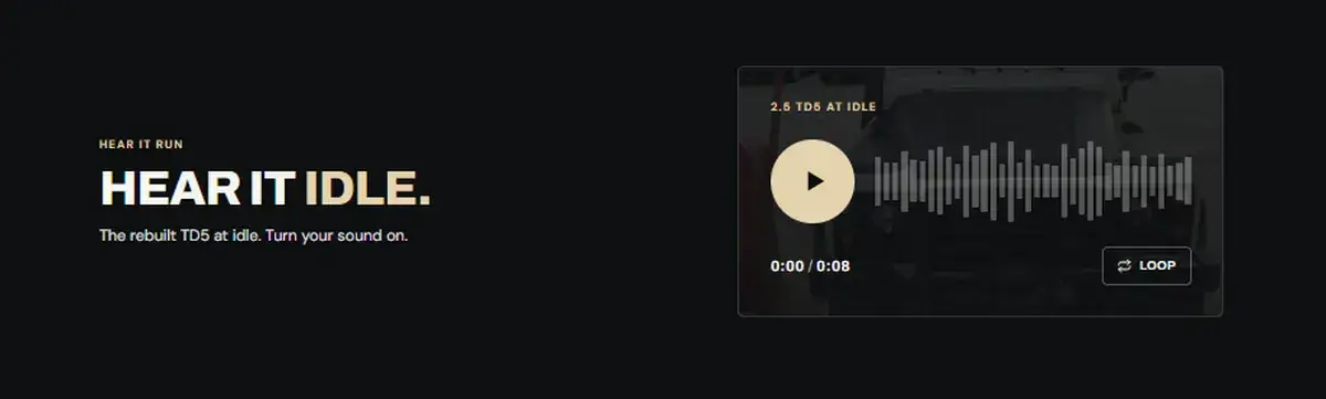 The Hear it idle engine sound player on the Defender landing page