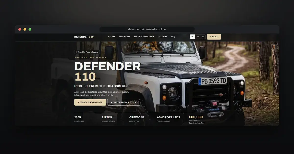 Defender 110 sales landing page shown in a browser window
