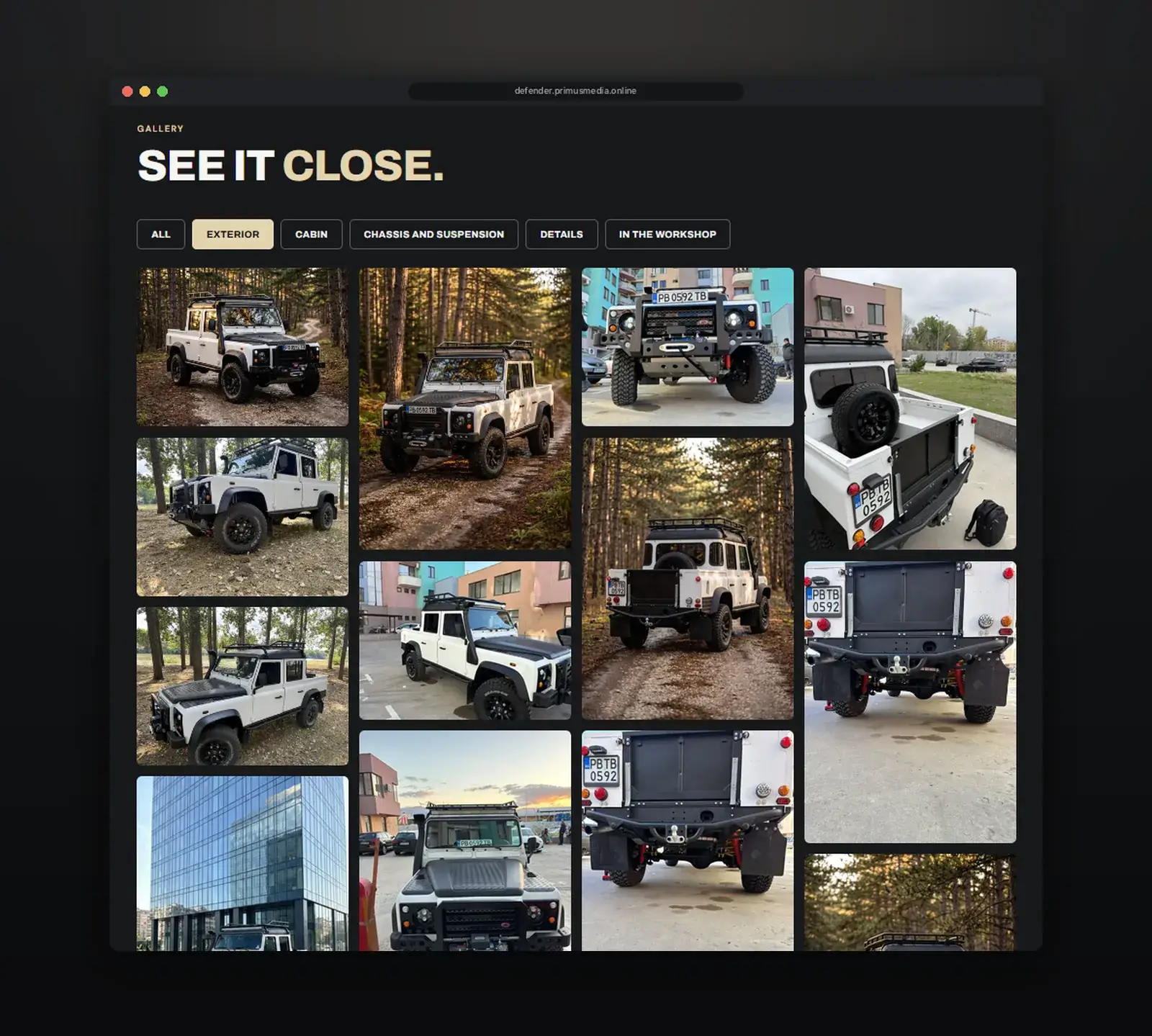 The filterable photo gallery on the Defender landing page