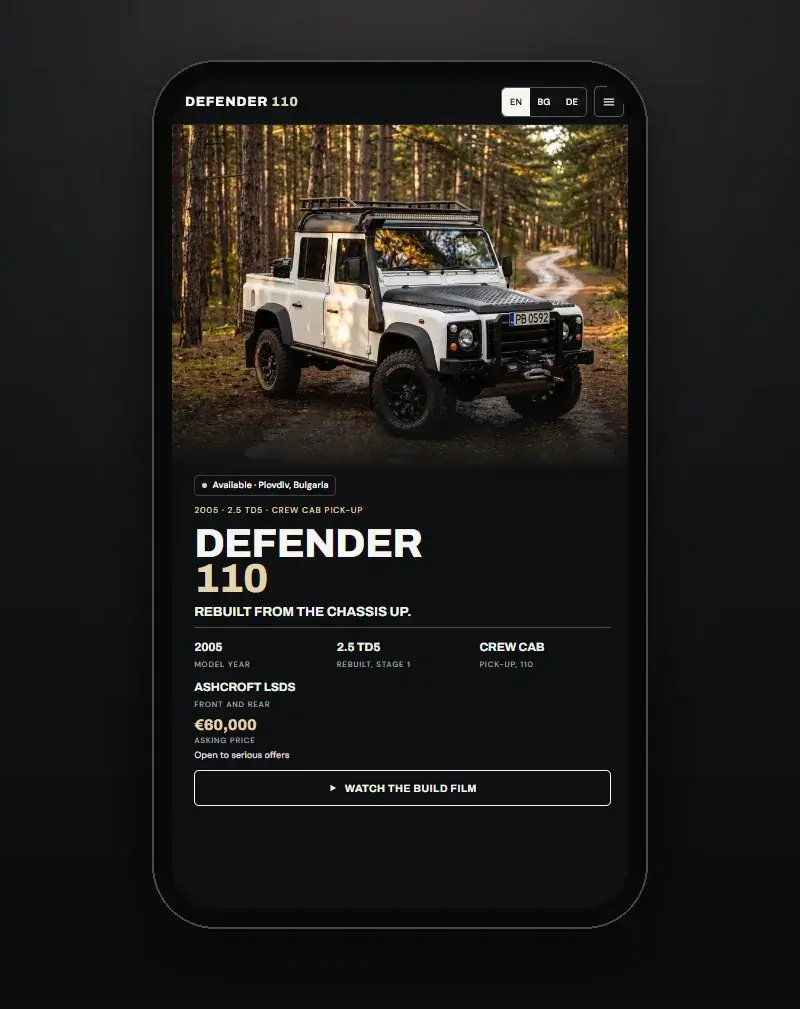 The Defender landing page hero on a phone
