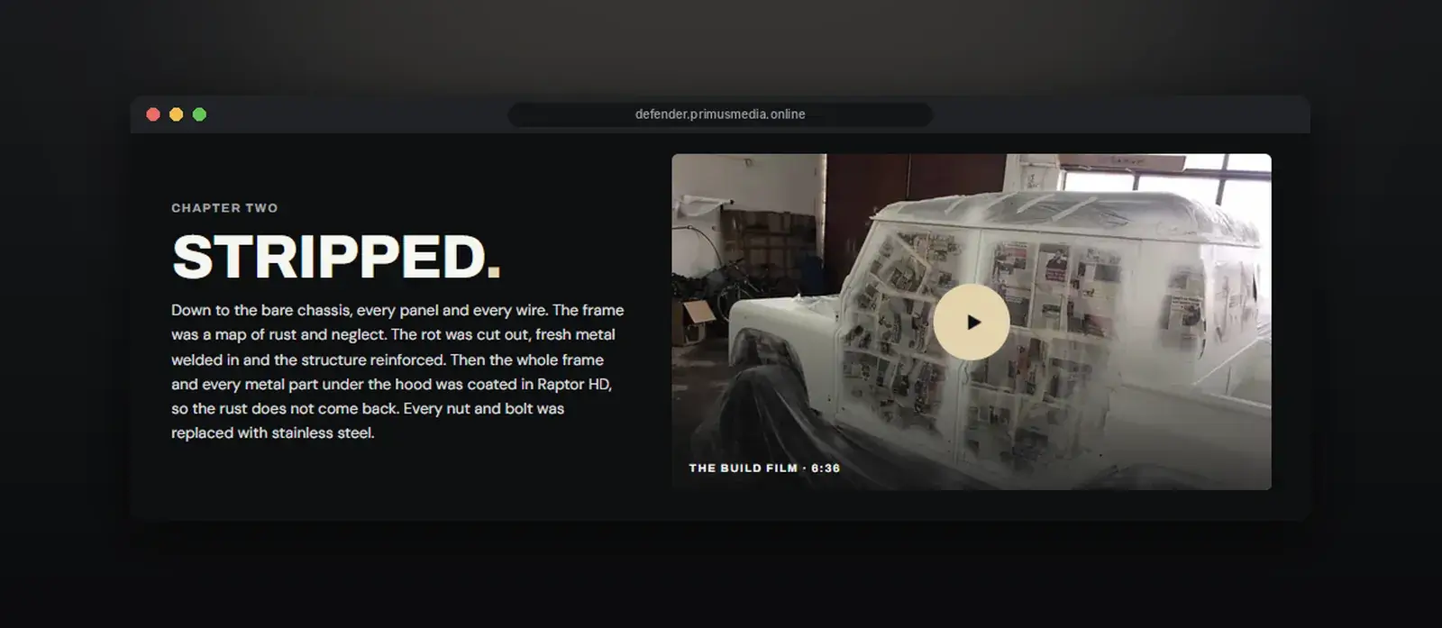 The Stripped chapter of the build story on the Defender landing page