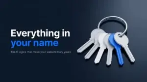 Ring of keys with one blue key on a dark navy background, next to the headline Everything in your name