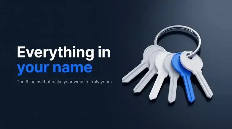Ring of keys with one blue key on a dark navy background, next to the headline Everything in your name