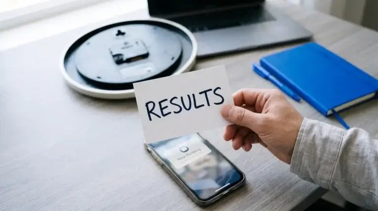 Business owner holding a card that reads Results next to a laptop showing a new booking
