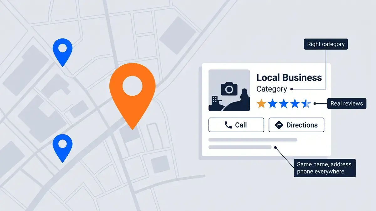 Local search map with a business profile showing the right category, real reviews and consistent name, address and phone