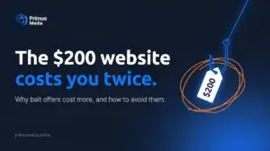 Fishing hook with a $200 price tag next to the headline "The $200 website costs you twice"