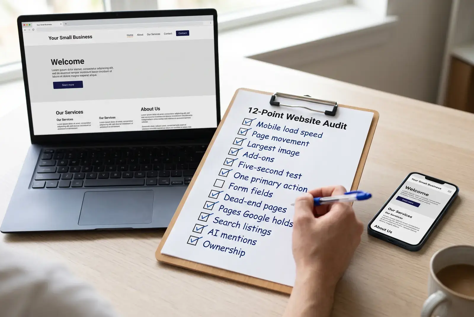 A printed 12-point website audit checklist on a desk, next to a laptop and a phone.