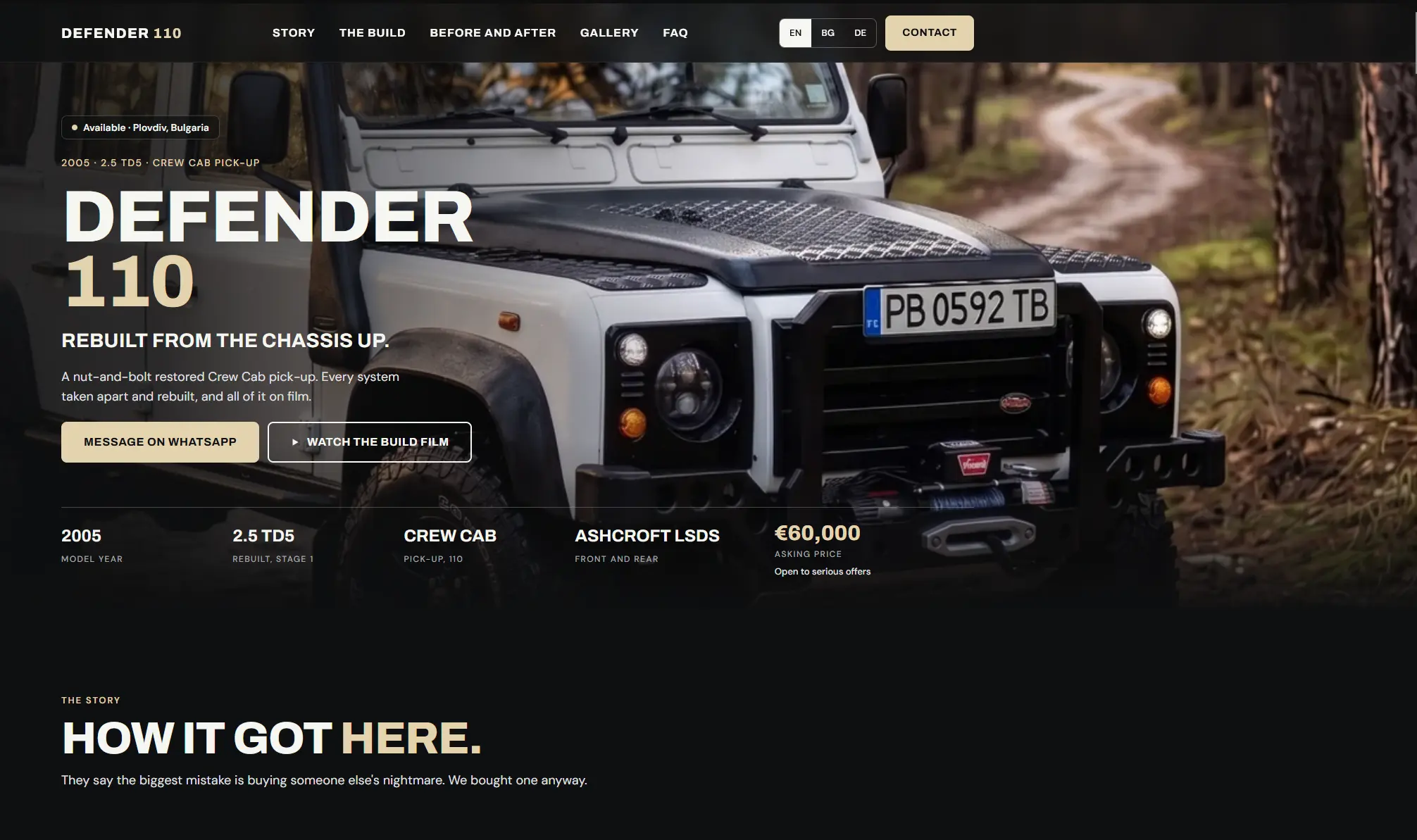 Homepage of defender.primusmedia.online, a sales landing page for a restored Land Rover Defender 110
