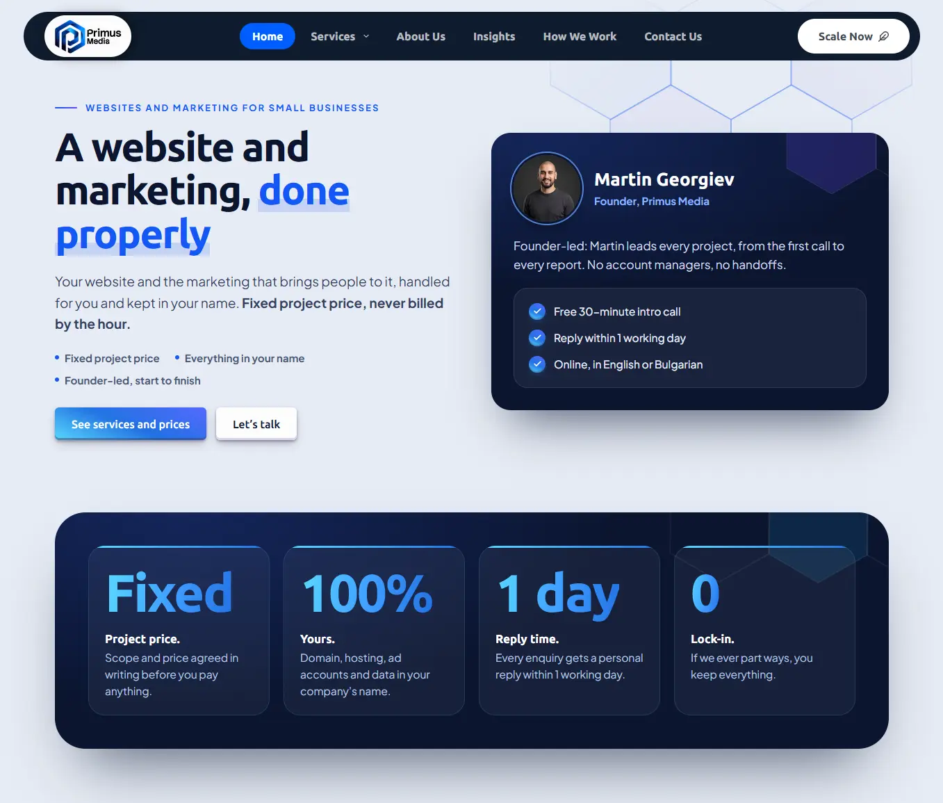 Homepage of primusmedia.online, a WordPress site built by Primus Media
